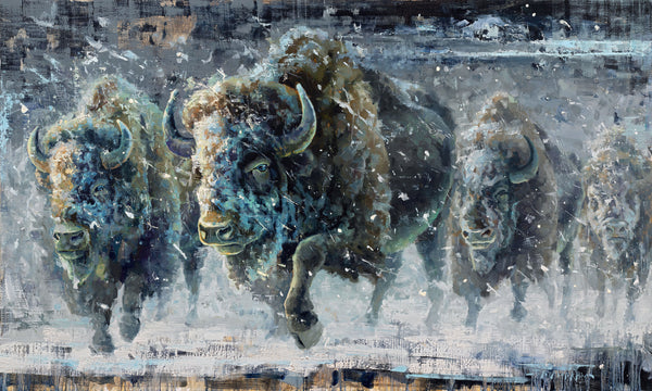 Into The Winds - 36x60 - Original oil painting of buffalo running through winter storm by Jerry Markham artist - buffalo art