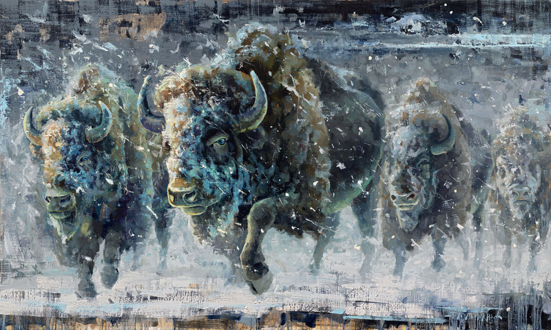 Into The Winds - 36x60 - Original oil painting of buffalo running through winter storm by Jerry Markham artist - buffalo art