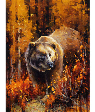 Grizzly bear painting in fall colors by artist Jerry Markham. Loose and impressionistic painting in brown red and yellow tones. This wildlife art available as a canvas print in multiple sizes. Modern wall art print for country farmhouse or modern home decor.