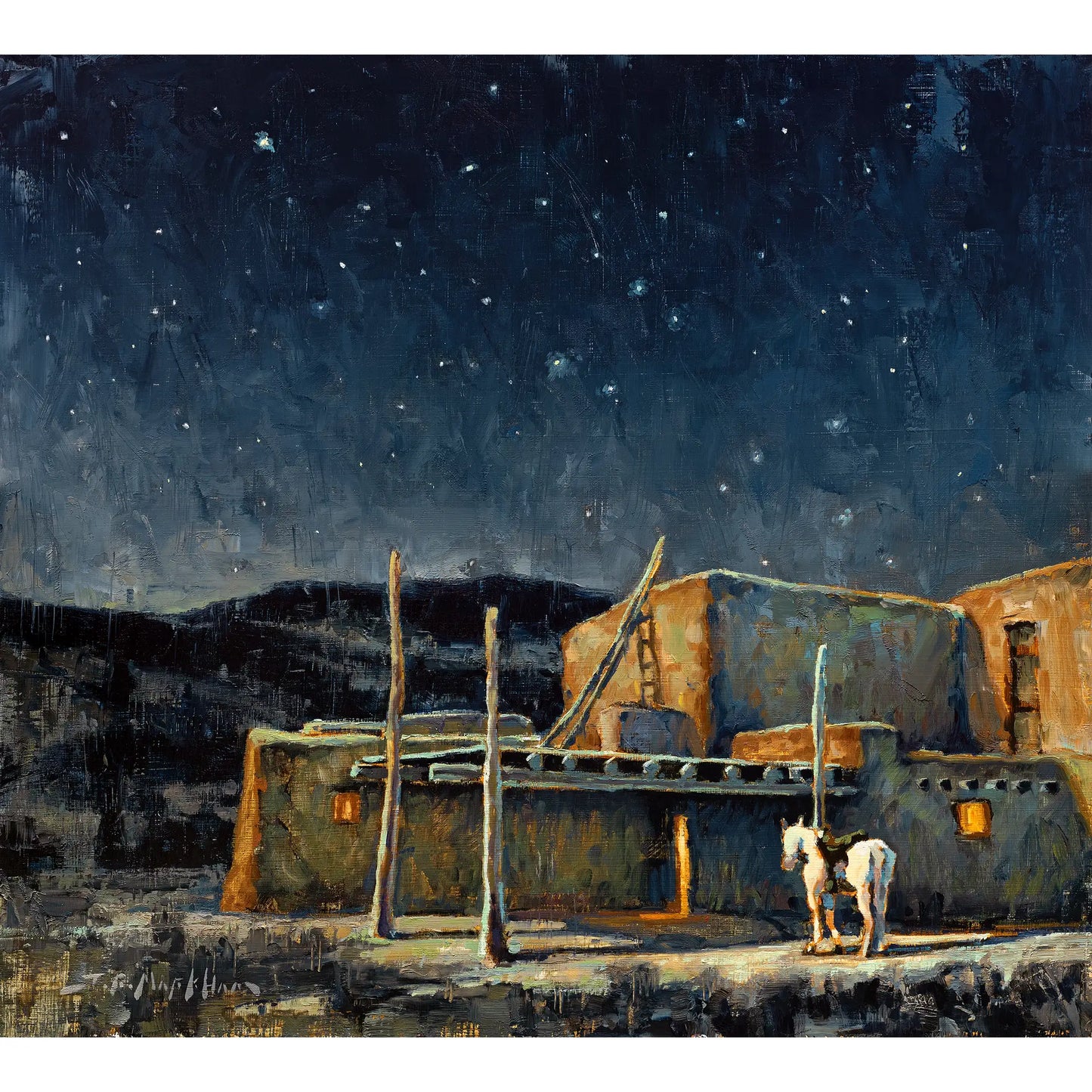 Painting of a horse in front of a pueblo at night under a starry sky. Southwest art canvas print available in multiple sizes. This western art ships free to USA.