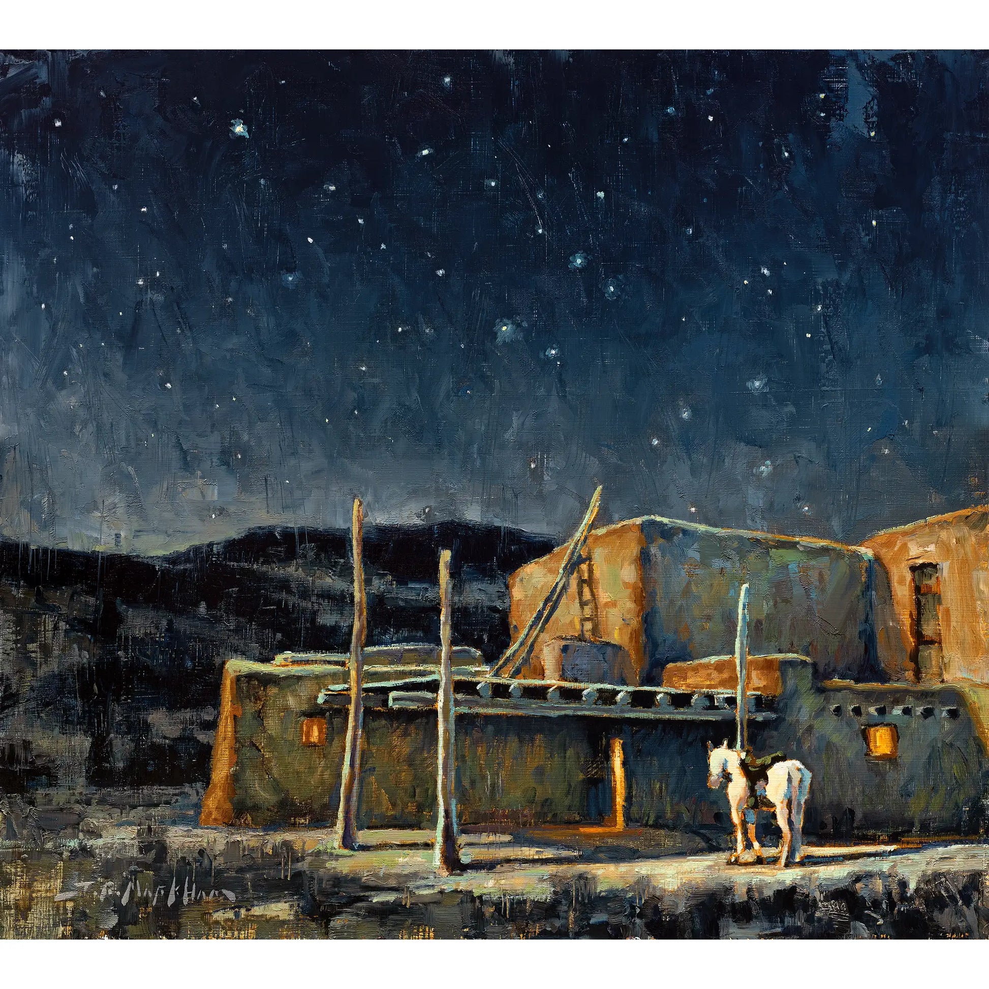 Painting of a horse in front of a pueblo at night under a starry sky. Southwest art canvas print available in multiple sizes. This western art ships free to USA.