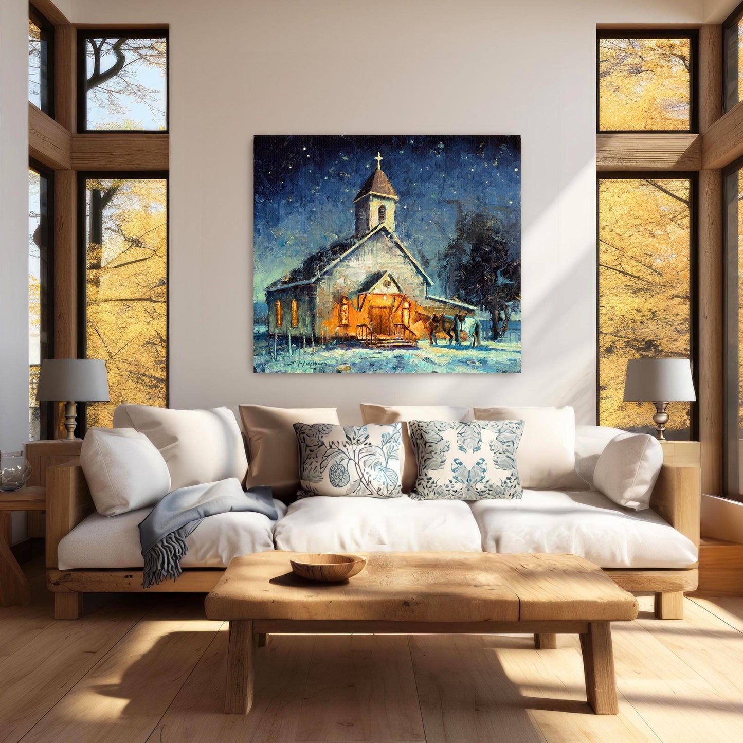 Canvas print of rural white church lit up at night with two horses in front from original oil painting. Available in multiple sizes. Large canvas wall art shown in modern farmhouse decor.Religious western wall art. 