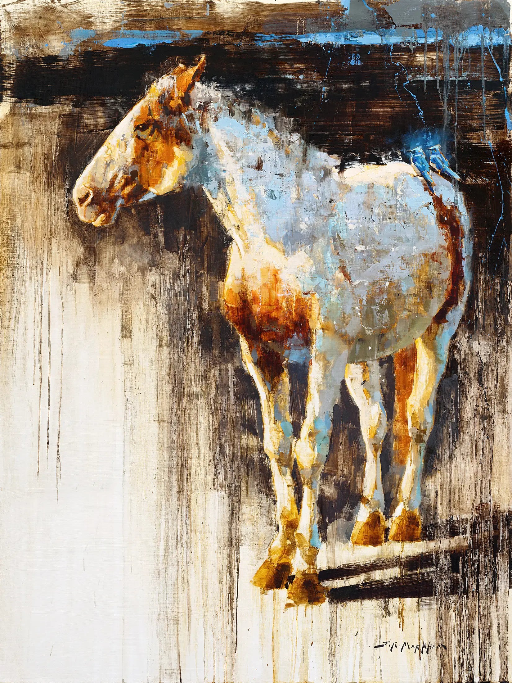 Modern painting of a white and brown horse with bluebirds on its back by artist Jerry Markham. This horse art is sold but other horse art and print available at jerrymarkham.com