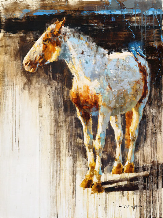 Modern painting of a white and brown horse with bluebirds on its back by artist Jerry Markham. This horse art is sold but other horse art and print available at jerrymarkham.com