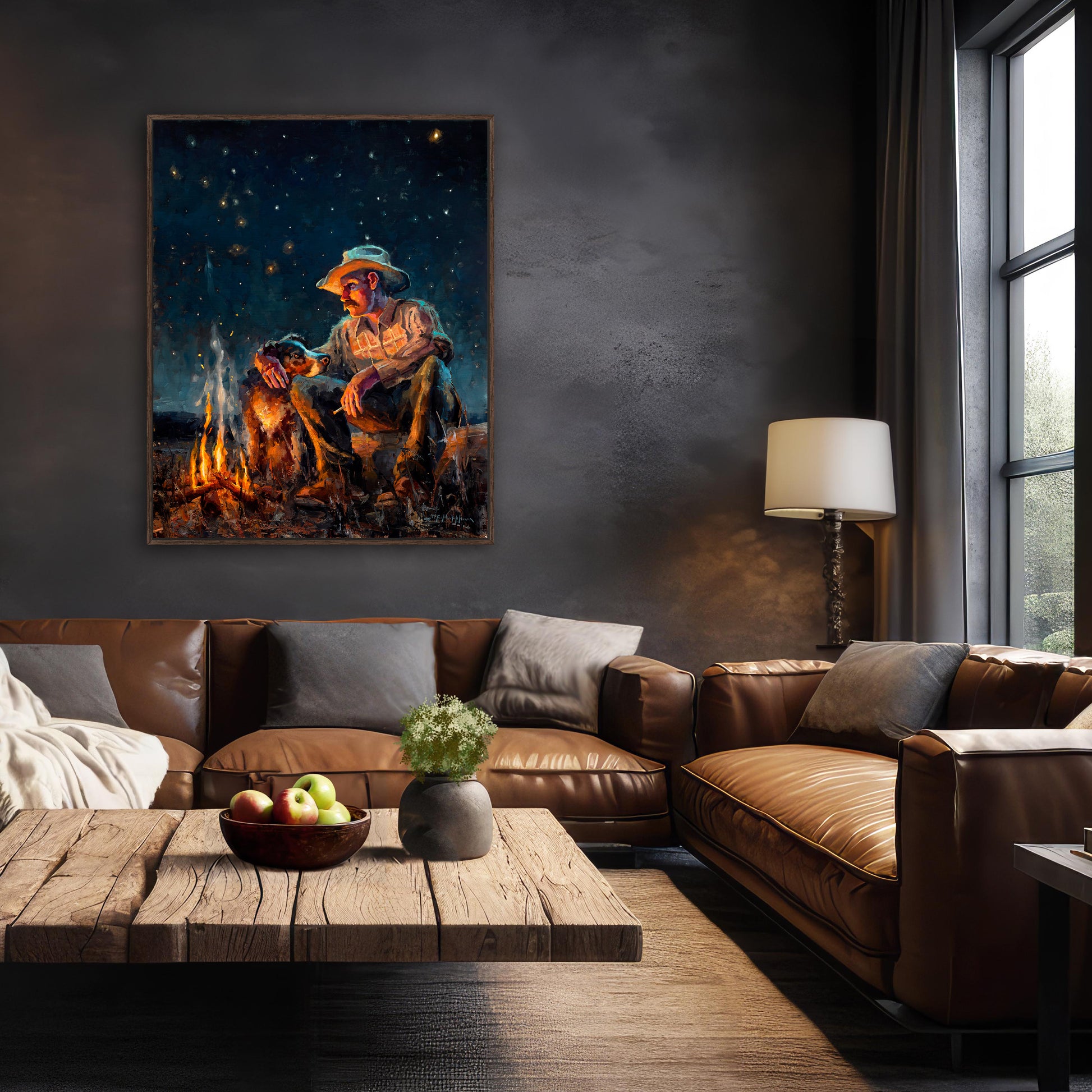 Cowboy art canvas print wall art available in multiple sizes and frame options. From original painting by Jerry Markham of a cowboy with his dog by campfire at night under starry sky with big dipper and north star. This western wall art shown in espresso frame.