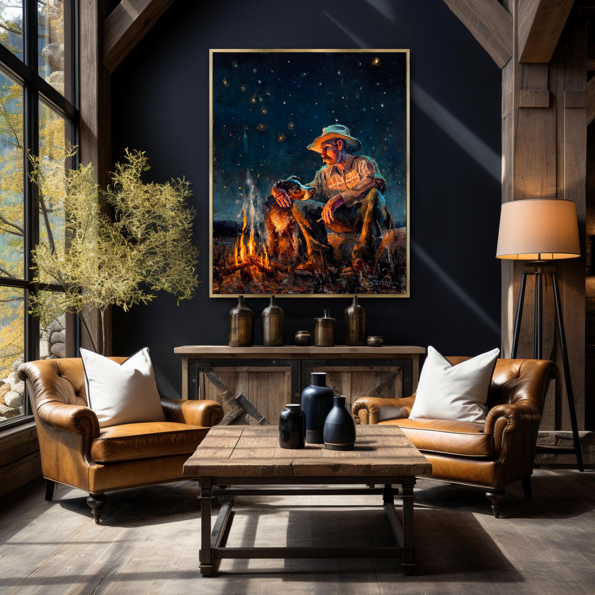 Cowboy art canvas print wall art available in multiple sizes and frame options. From original painting by Jerry Markham of a cowboy with his dog by campfire at night under starry sky with big dipper and north star. This western wall art shown in gold frame.