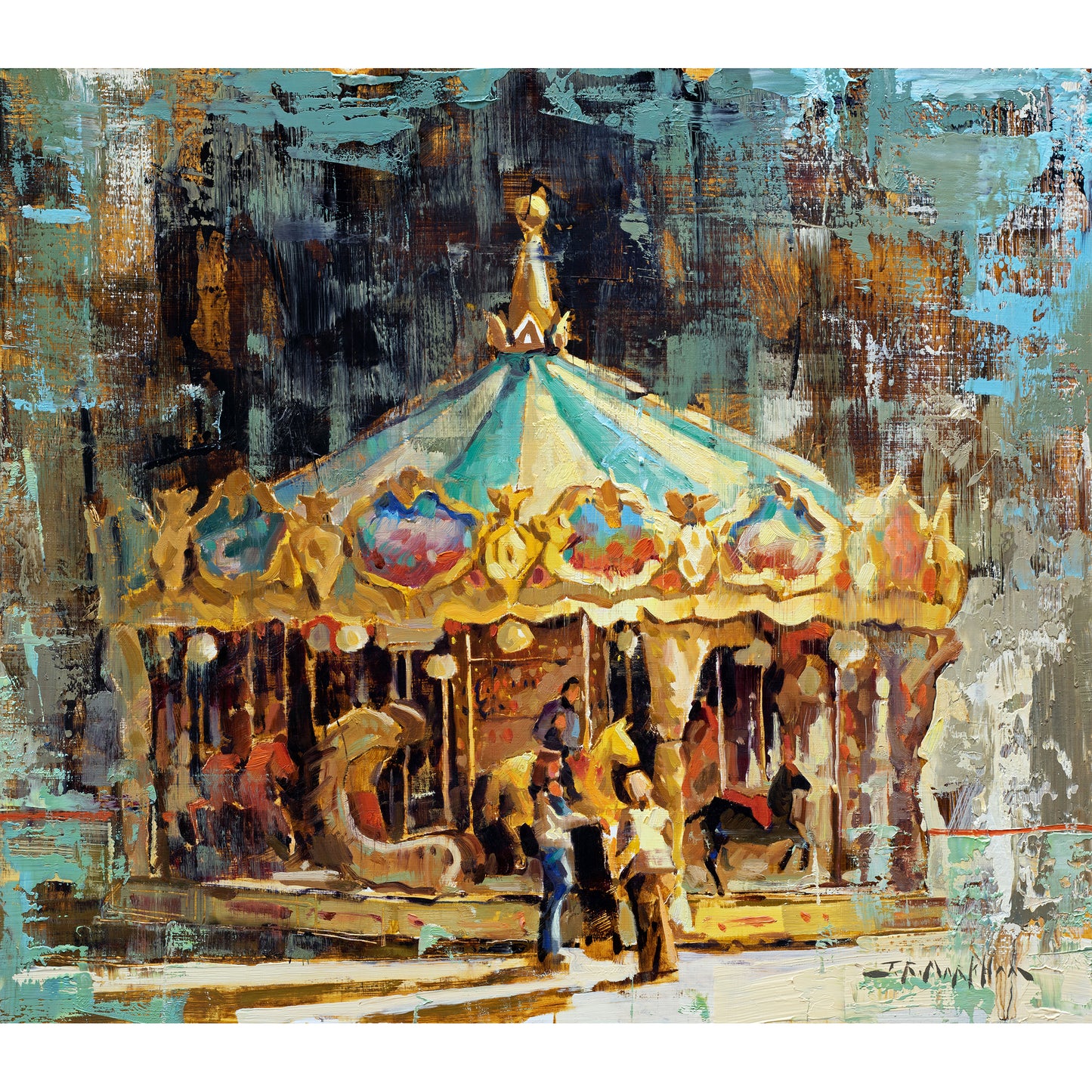 Merry go round carousel painting by Jerry Markham artist available as a canvas print for wall art in multiple sizes. Teal green blue and yellow gold colors. Will look great in kids room.