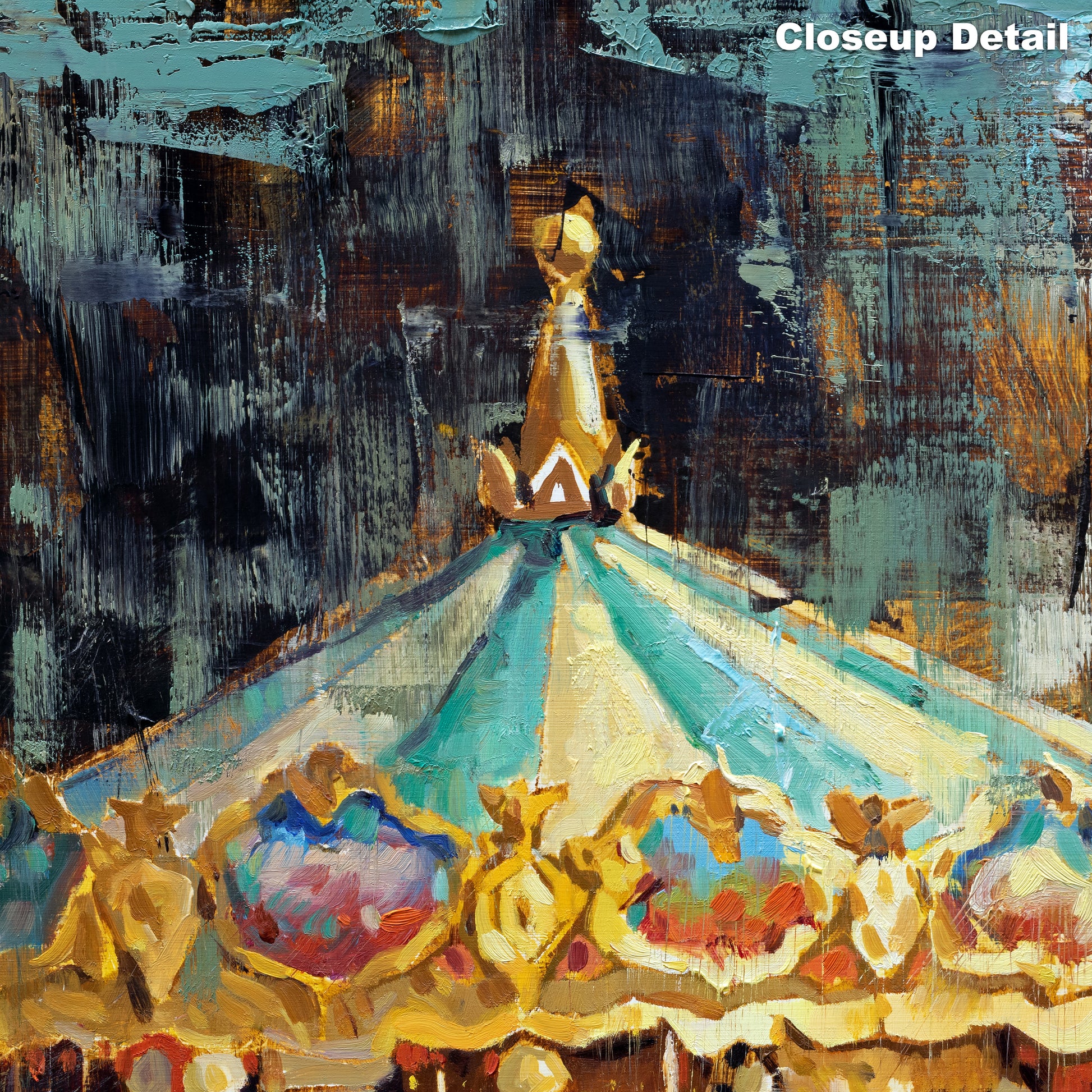 Closeup detail of carousel merry go round painting wall art show paint brush stroke detail