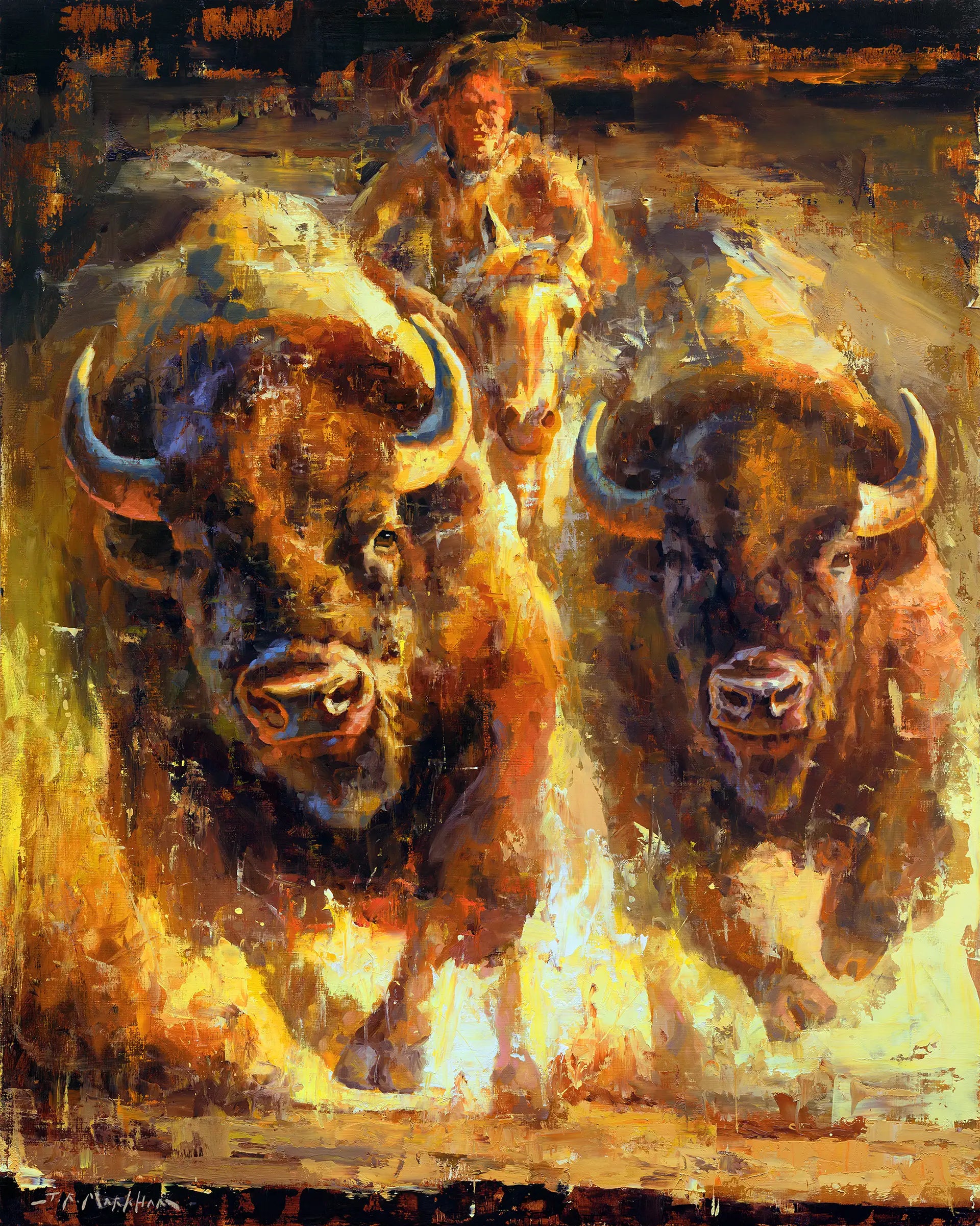 Oil painting of a Native American warrior chasing two bison by Jerry Markham artist. This and more original western art available at jerrymarkham.com