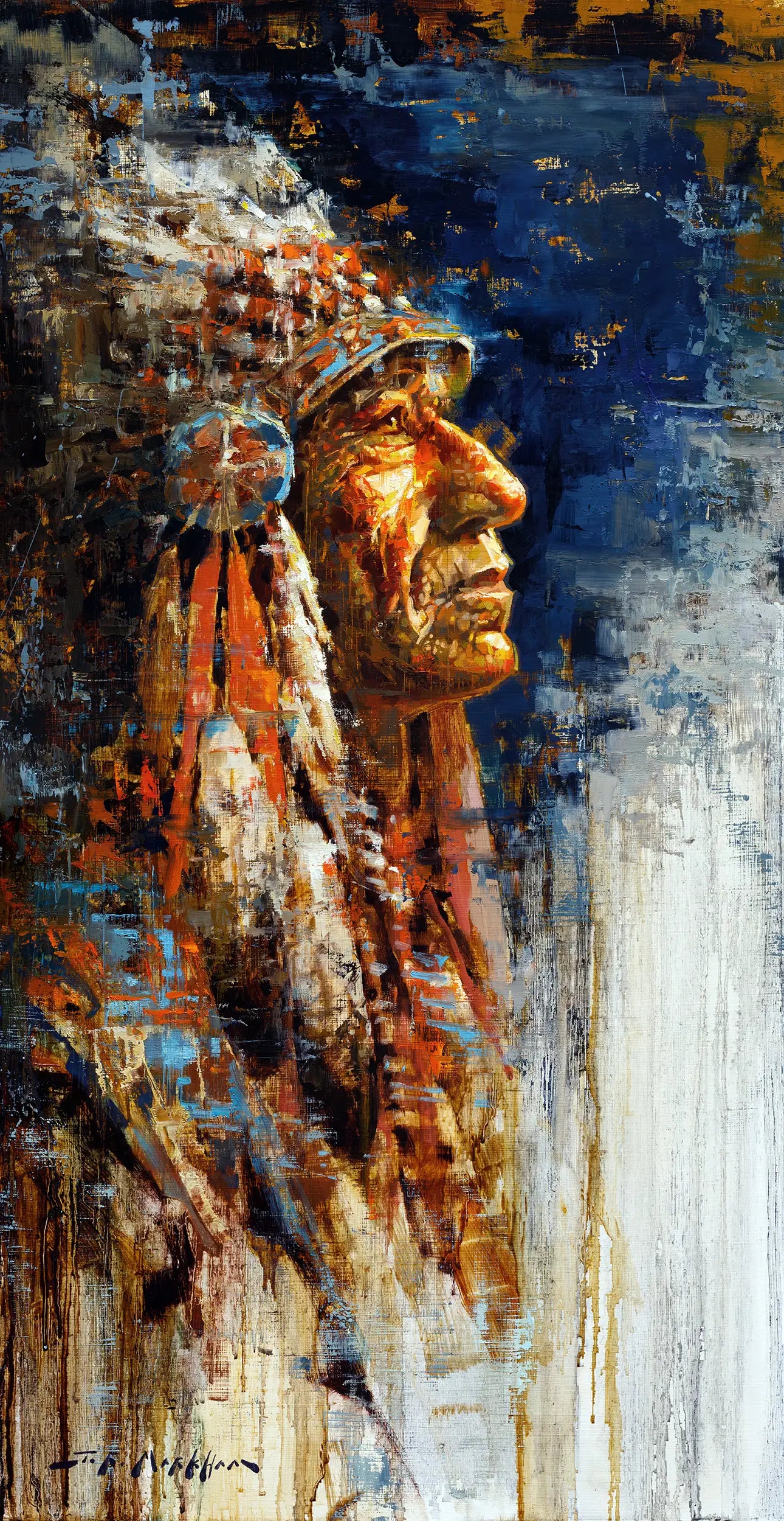 Original oil painting of a Native American chief wearing a colorful headdress in red, blue, and white by Jerry Markham artist. This western art and other original art available at jerrymarkham.com