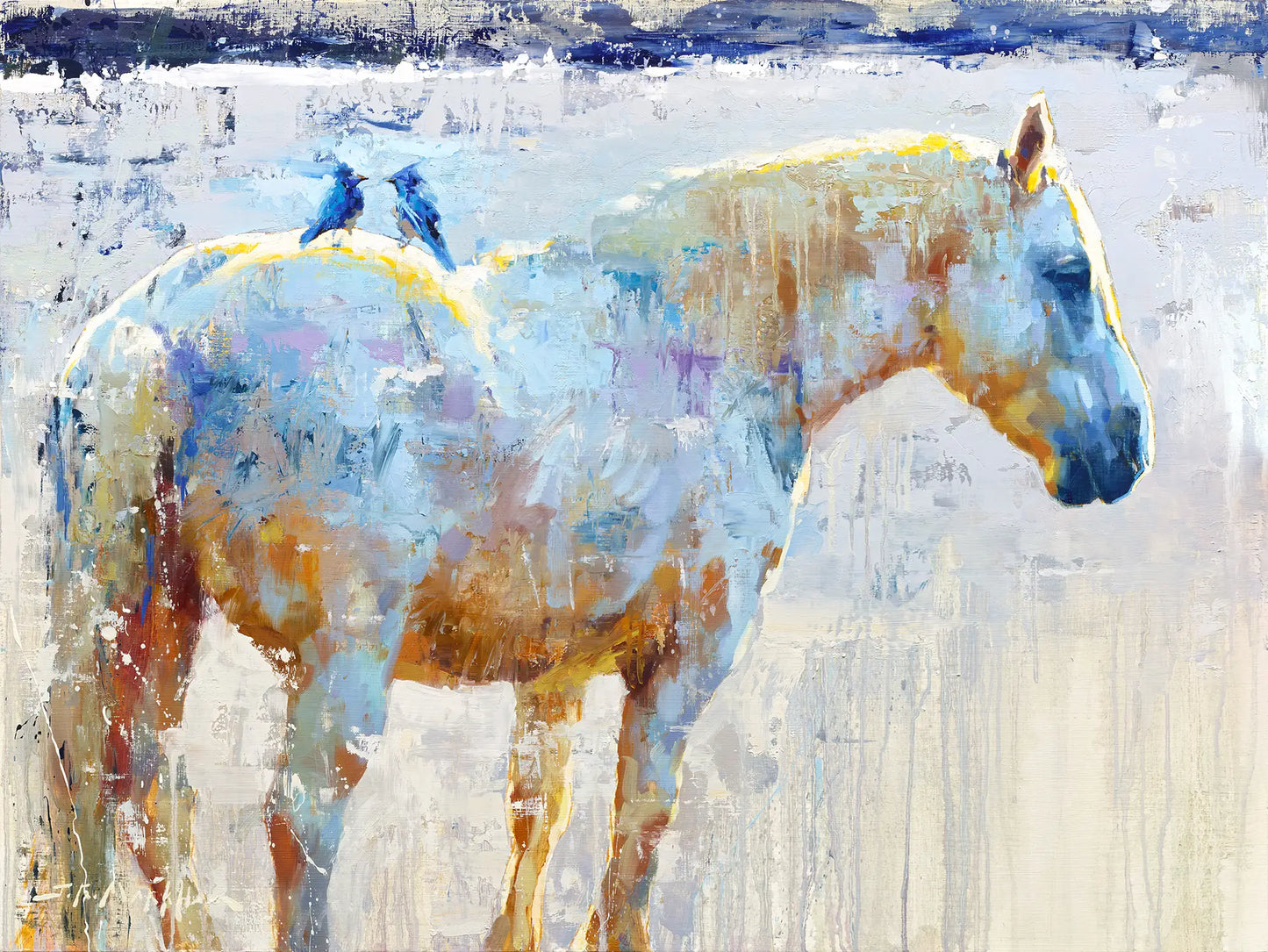 Modern horse art painting by Jerry Markham artist with white, blue, and earth tone colors.