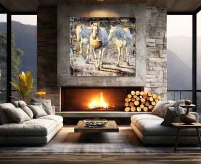 Impressionist painting of three white horses wall art in neutral grey white brown tones available as large canvas print. Example shown in modern decor.