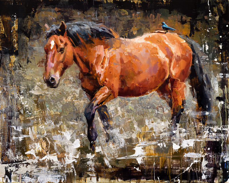 Jerry Markham artist - Original Oil painting of a brown horse with blue bird walking through flowers - Trail Rider - 24x30