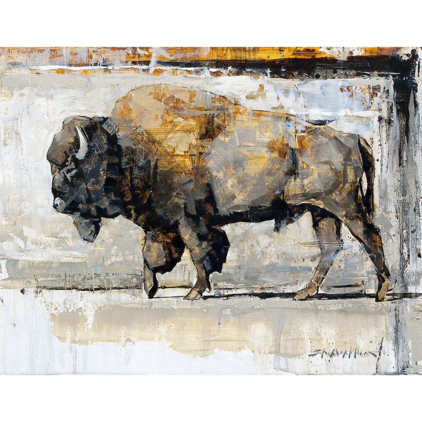 Canvas print of buffalo painting by artist Jerry Markham. Loose and impressionistic painting in brown and grey tones of an american bison. This limited edition wildlife art available as a canvas print in multiple sizes. Modern wall art print for country ranch or modern home decor.