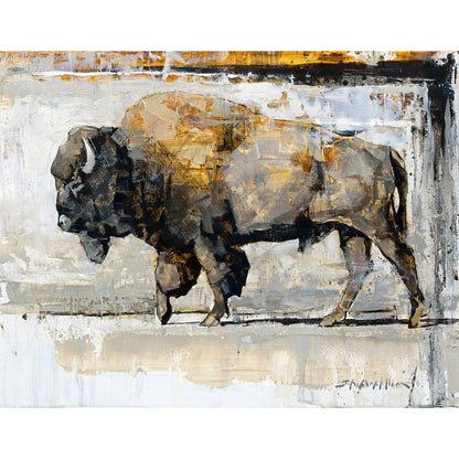 Canvas print of buffalo painting by artist Jerry Markham. Loose and impressionistic painting in brown and grey tones of an american bison. This limited edition wildlife art available as a canvas print in multiple sizes. Modern wall art print for country ranch or modern home decor.