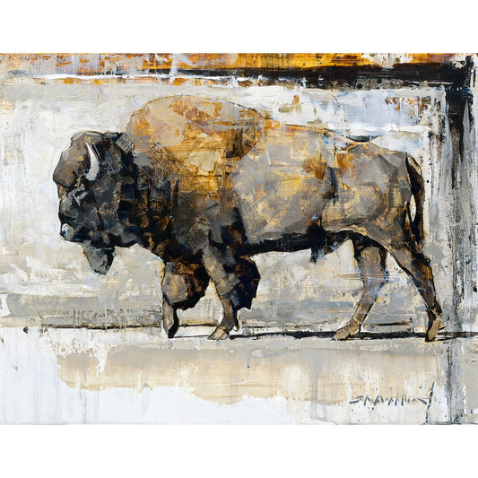 Canvas print of buffalo painting by artist Jerry Markham. Loose and impressionistic painting in brown and grey tones of an American bison. This limited edition wildlife art available as a canvas print in multiple sizes. Modern wall art print for country ranch or modern home decor.
