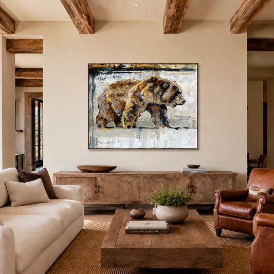 Grizzly bear wall art framed canvas print shown in a modern luxury ranch mountain home decor. Bear art print available in multiple sizes and options.