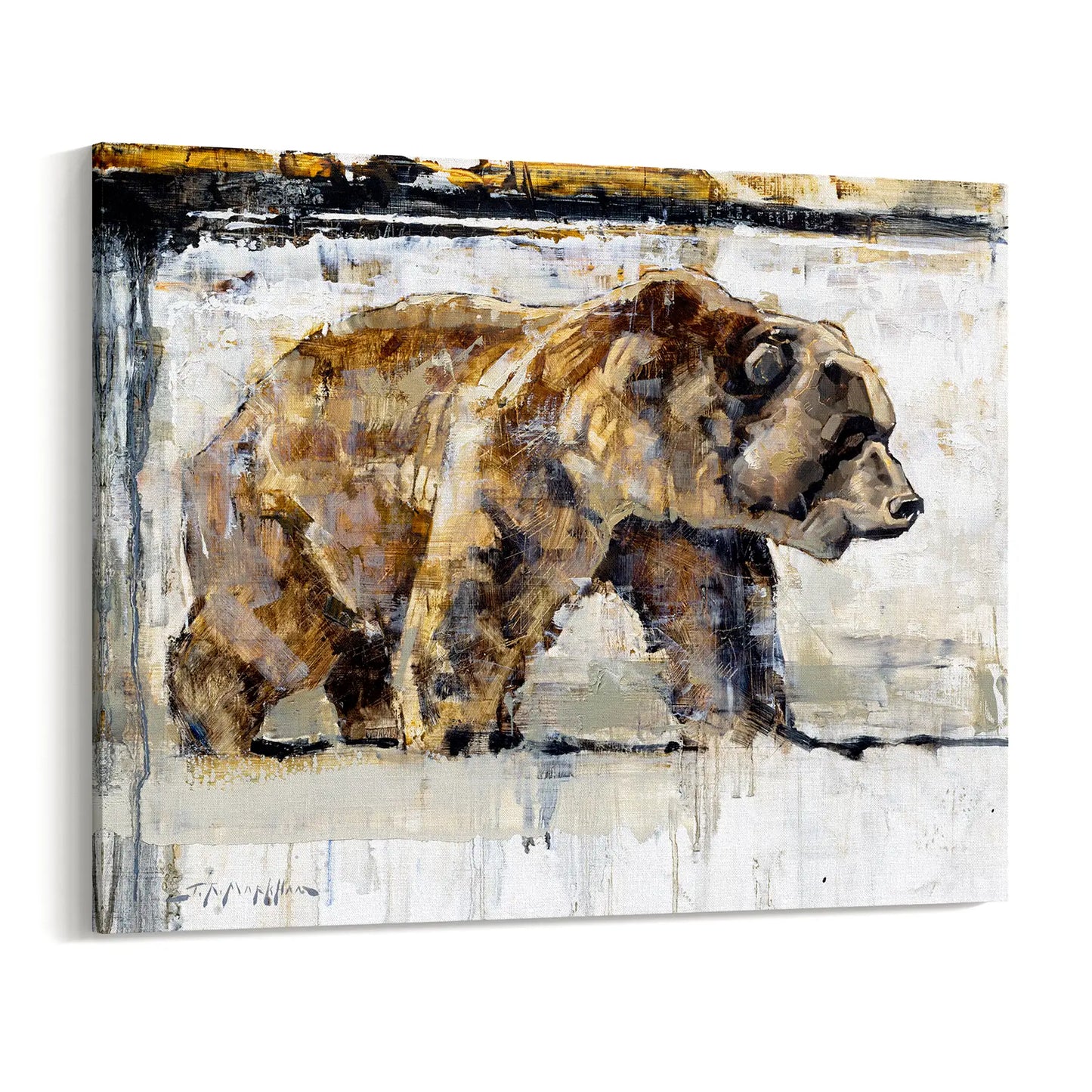 Loose impressionistic painting of a grizzly bear in brown black and grey neutral tones available as a canvas print. Shown as a canvas wrap.