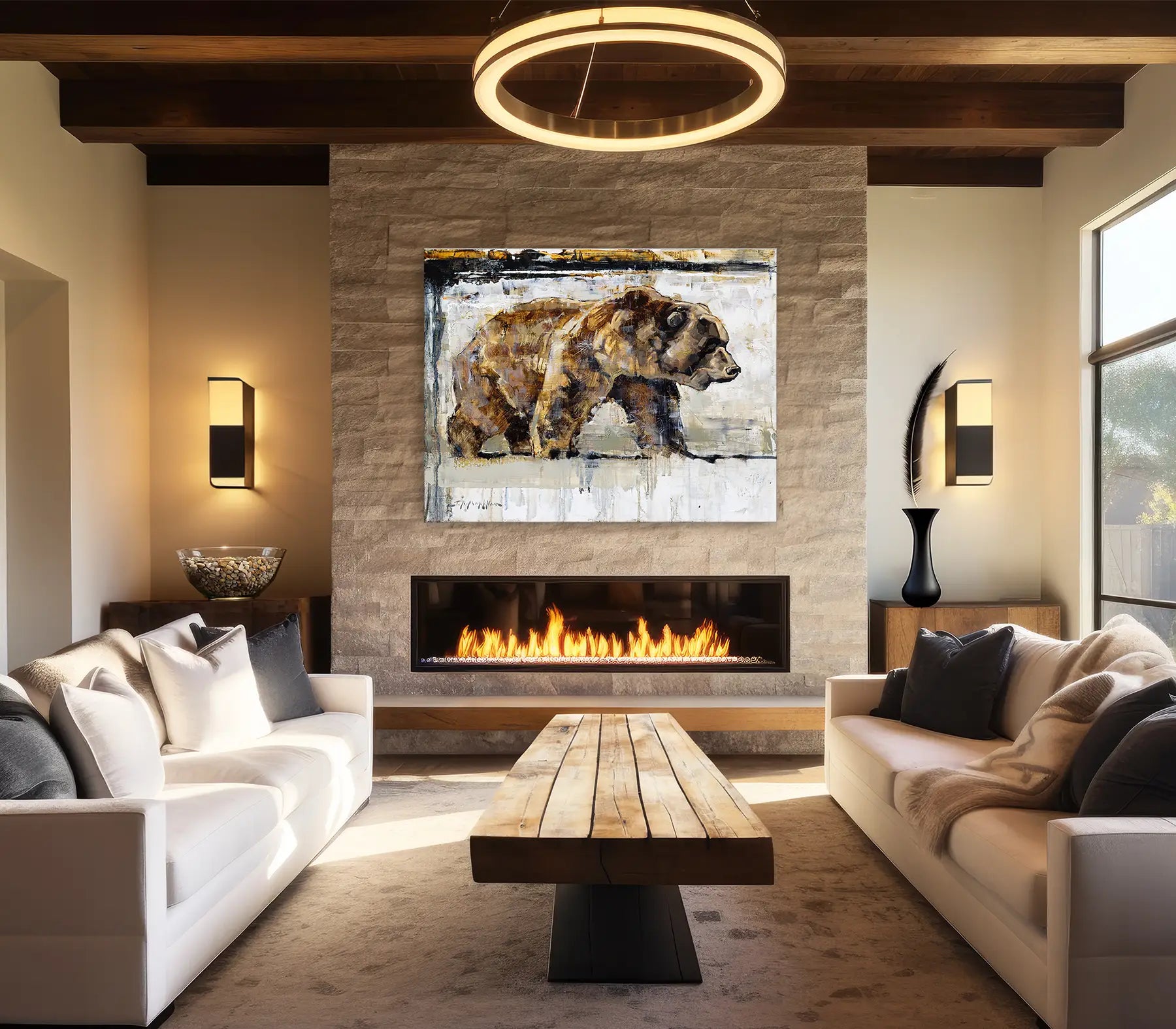 Large wall art of a modern contemporary grizzly bear painting print shown as a giclee canvas wrap in a modern farmhouse decor