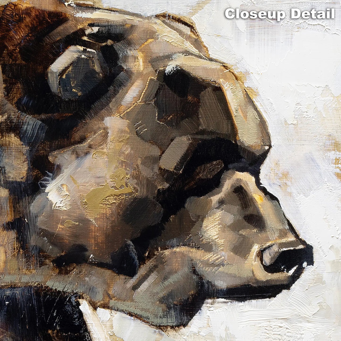 Close-up of a painting of a bear's head with textured brushstrokes