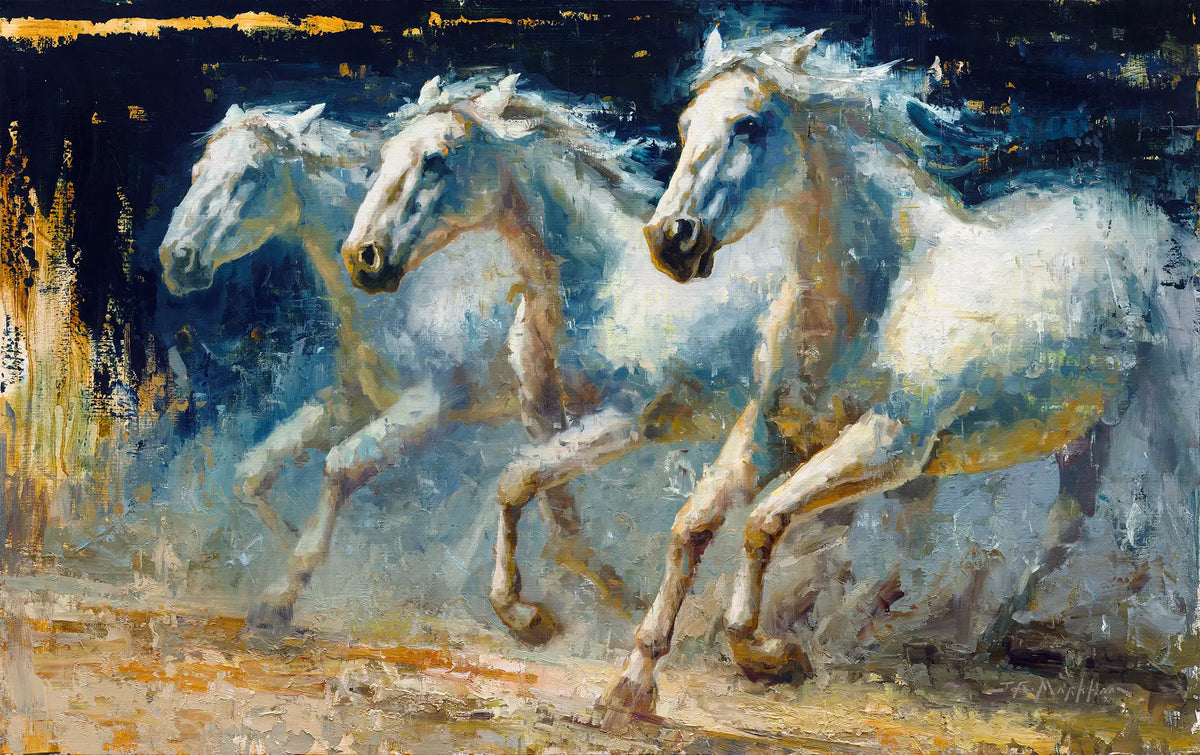 Original oil painting of three white horses running on with blue and gold background. This horse art by Jerry Markham artist.