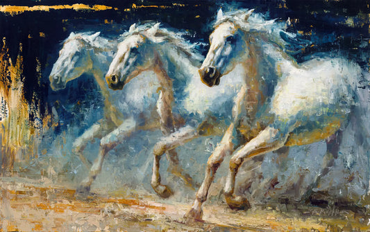 Original oil painting of three white horses running on with blue and gold background. This horse art by Jerry Markham artist.