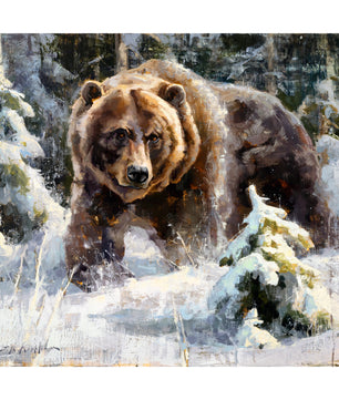 Wall art of a grizzly bear in winter landscape. Limited edition canvas print from original oil painting by artist Jerry Markham available in multiple sizes.