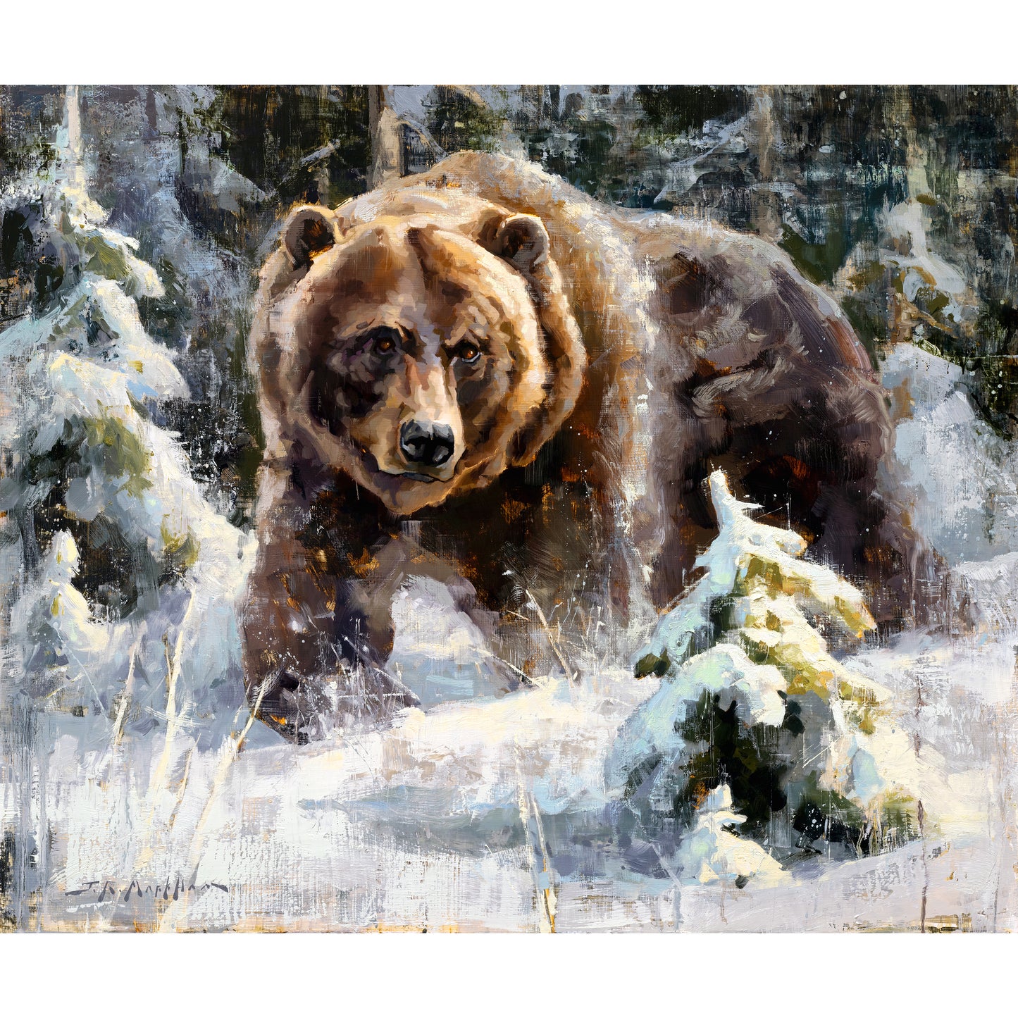 Wall art of a grizzly bear in winter landscape. Limited edition canvas print from original oil painting by artist Jerry Markham available in multiple sizes.