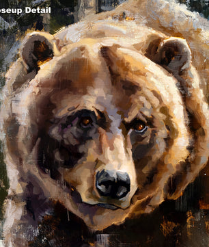 Close up detail of brown grizzly bear painting wall art showing paint brush stroke detail