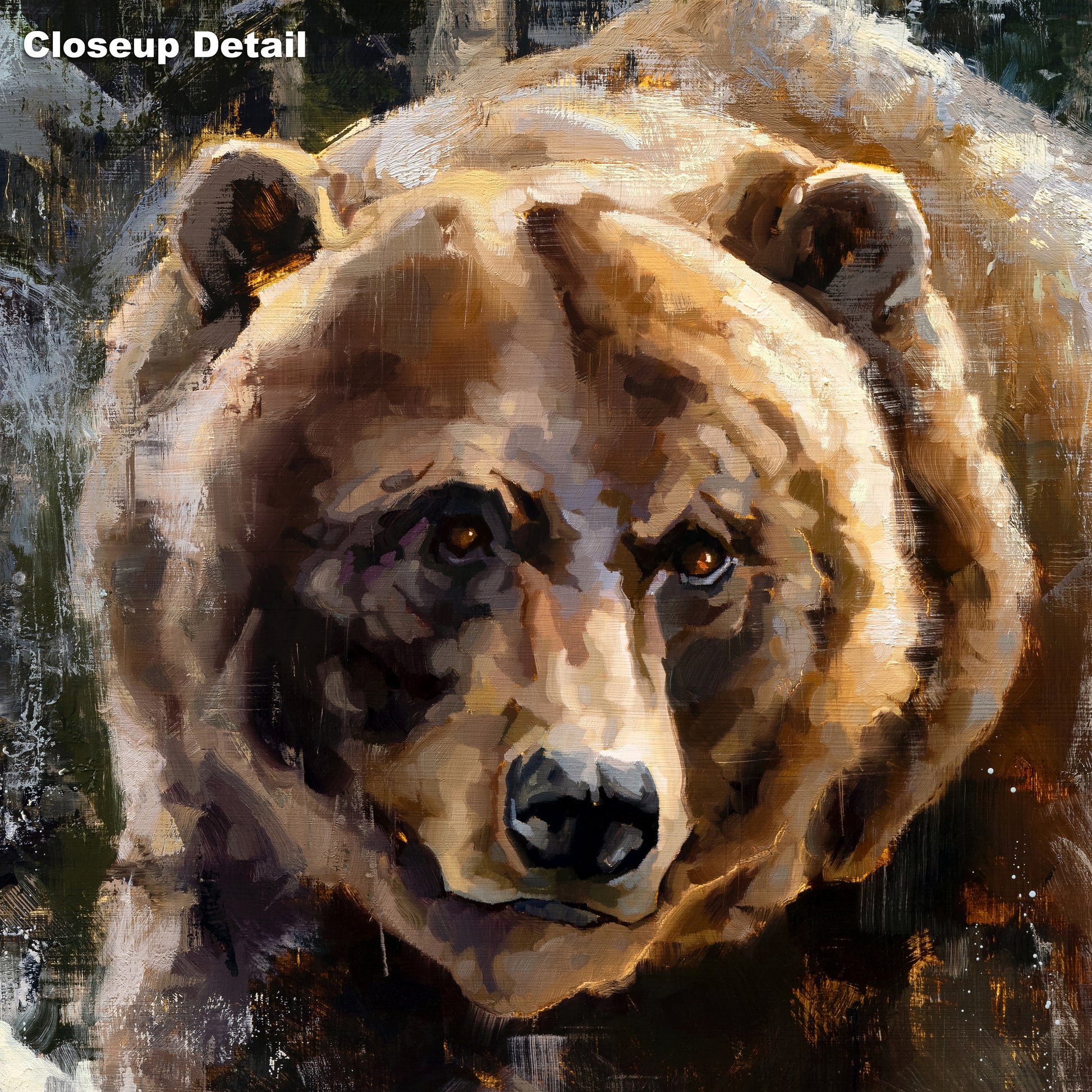 Close up detail of brown grizzly bear painting wall art showing paint brush stroke detail