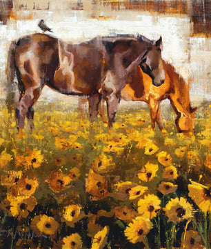 Horse painting of two brown horses in field of yellow flowers by artist Jerry Markham. Available as canvas print wall art in multiple sizes. Horse art - horse decor - horse print - horse wall art - modern farmhouse ranch decor.