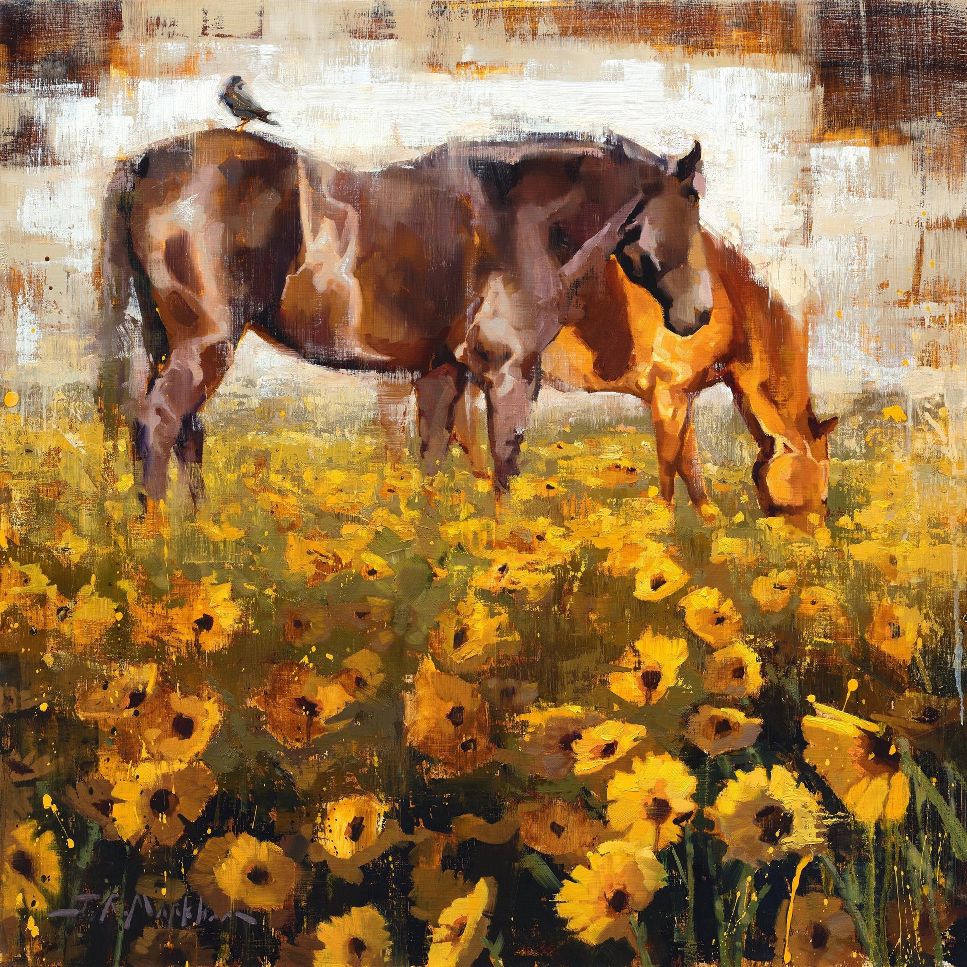 Horse painting of two brown horses in field of yellow flowers by artist Jerry Markham. Available as canvas print wall art in multiple sizes. Horse art - horse decor - horse print - horse wall art - modern farmhouse ranch decor.