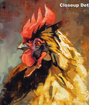 Close up detail of chicken painting wall art showing paint brush stroke detail