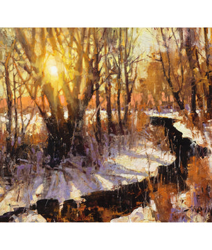 Winter landscape painting of river running through snow landscape at sunset. Sun shining through trees. Canvas prints available.