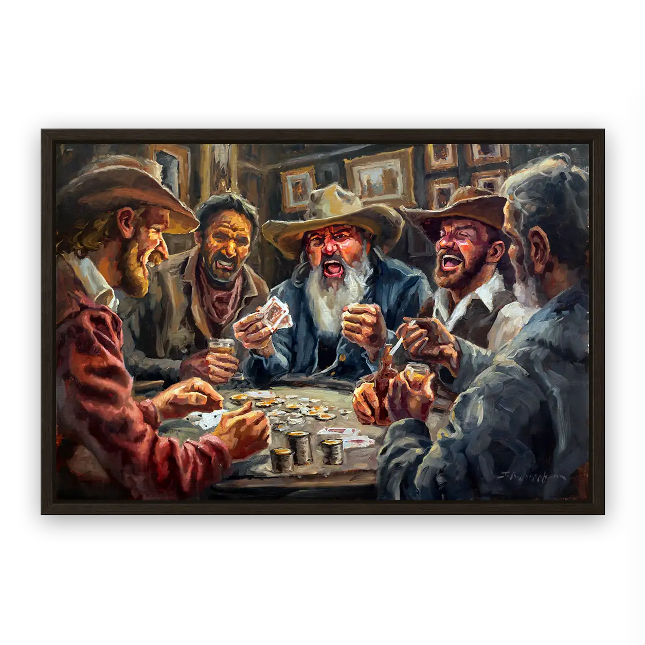 Western art cowboys playing poker with artwork on walls in background. This western art oil painting by artist Jerry Markham is sold. For more original art and prints see jerrymarkham.com.