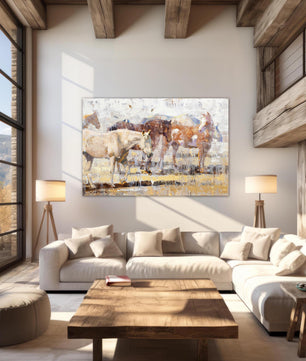 Contemporary painting of group of horses available as giclee canvas print in multiple sizes and frame options. This example shown unframed as canvas wrap. Horse art luxury modern farmhouse decor.