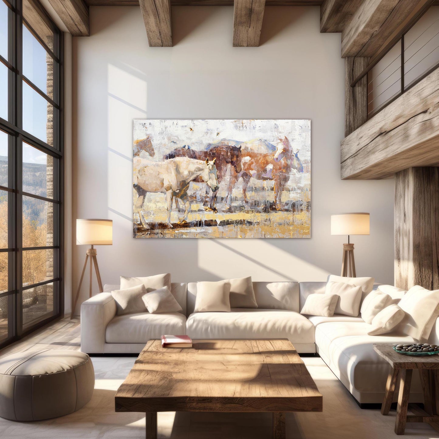 Contemporary painting of group of horses available as giclee canvas print in multiple sizes and frame options. This example shown unframed as canvas wrap. Horse art luxury modern farmhouse decor.
