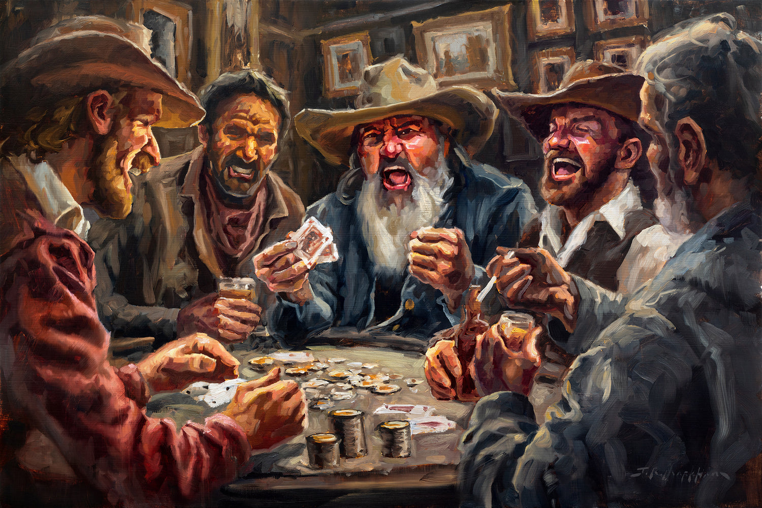 A Loaded Deck - 24x36 - Original western art oil painting of cowboys playing poker by Jerry Markham artist 