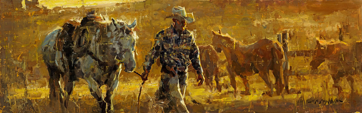 Western painting of a cowboy leading a white horse through through a golden field with horses, rendered in warm yellow and brown ones. Original oil painting of a cowboy and his horse after a day of rounding up cattle. This impressionist cowboy art by Jerry Markham is available at the National Cowboy & Western Heritage Museum. 