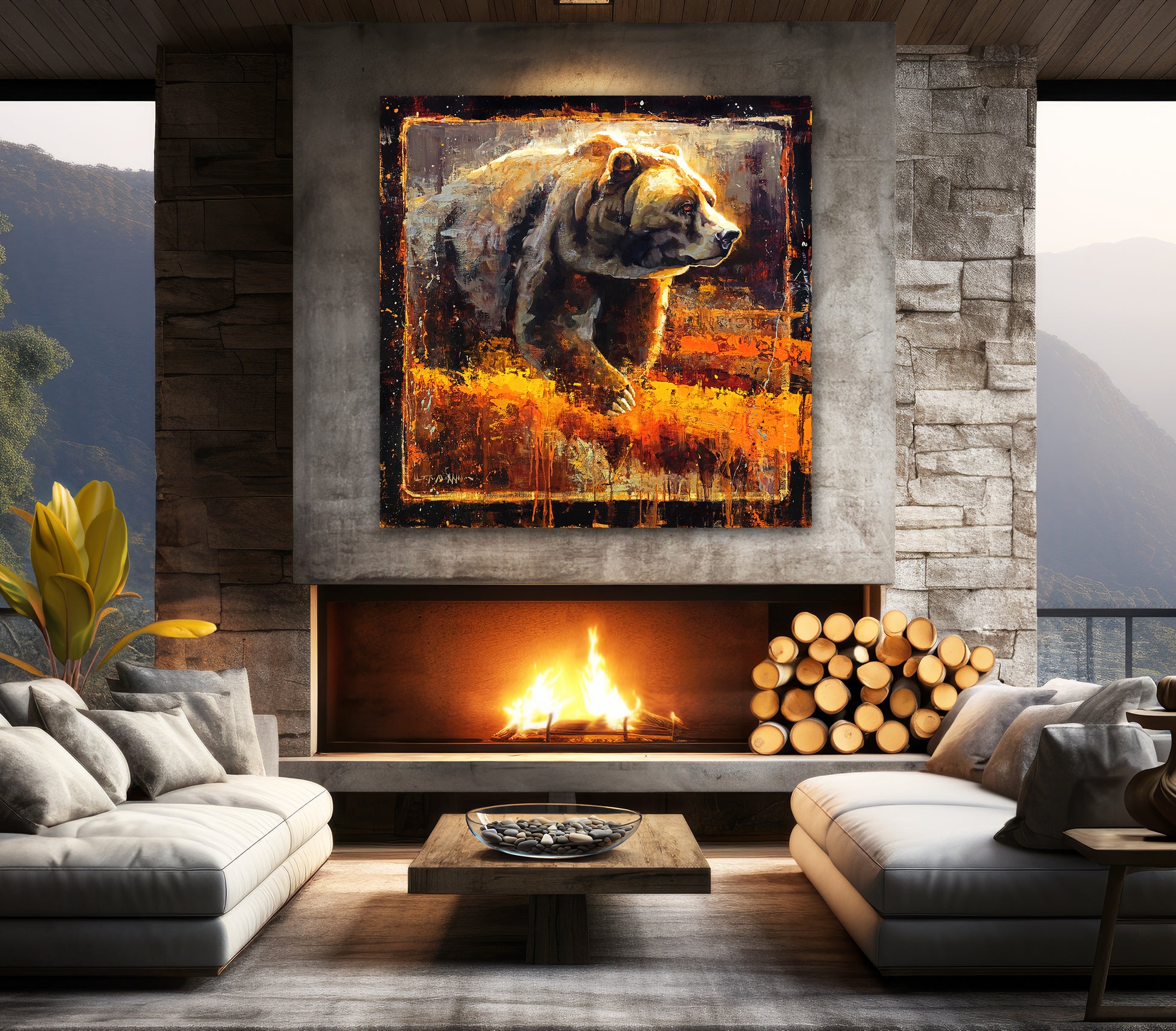 bear wall art canvas print shown in modern style decor