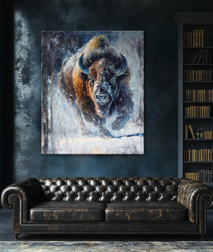 Buffalo wall art canvas print shown as large wall art canvas wrap. Bison art print in blue white brown colors. Contemporary buffalo art available in multiple sizes to fit any wall space.