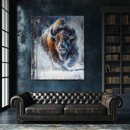 Buffalo wall art canvas print shown as large wall art canvas wrap. Bison art print in blue white brown colors. Contemporary buffalo art available in multiple sizes to fit any wall space.