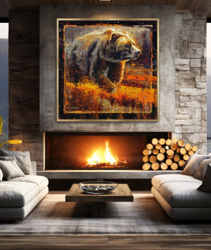 Grizzly bear wall art canvas print from original oil painting by Jerry Markham showing bear in fall field and glowing from light at sunset. Shown in gold frame in modern farmhouse decor.