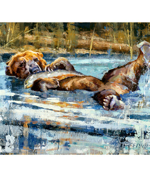 Wall art of a grizzly bear laying in water playing with a fish he caught. Limited edition canvas print from original oil painting by artist Jerry Markham available in multiple sizes.