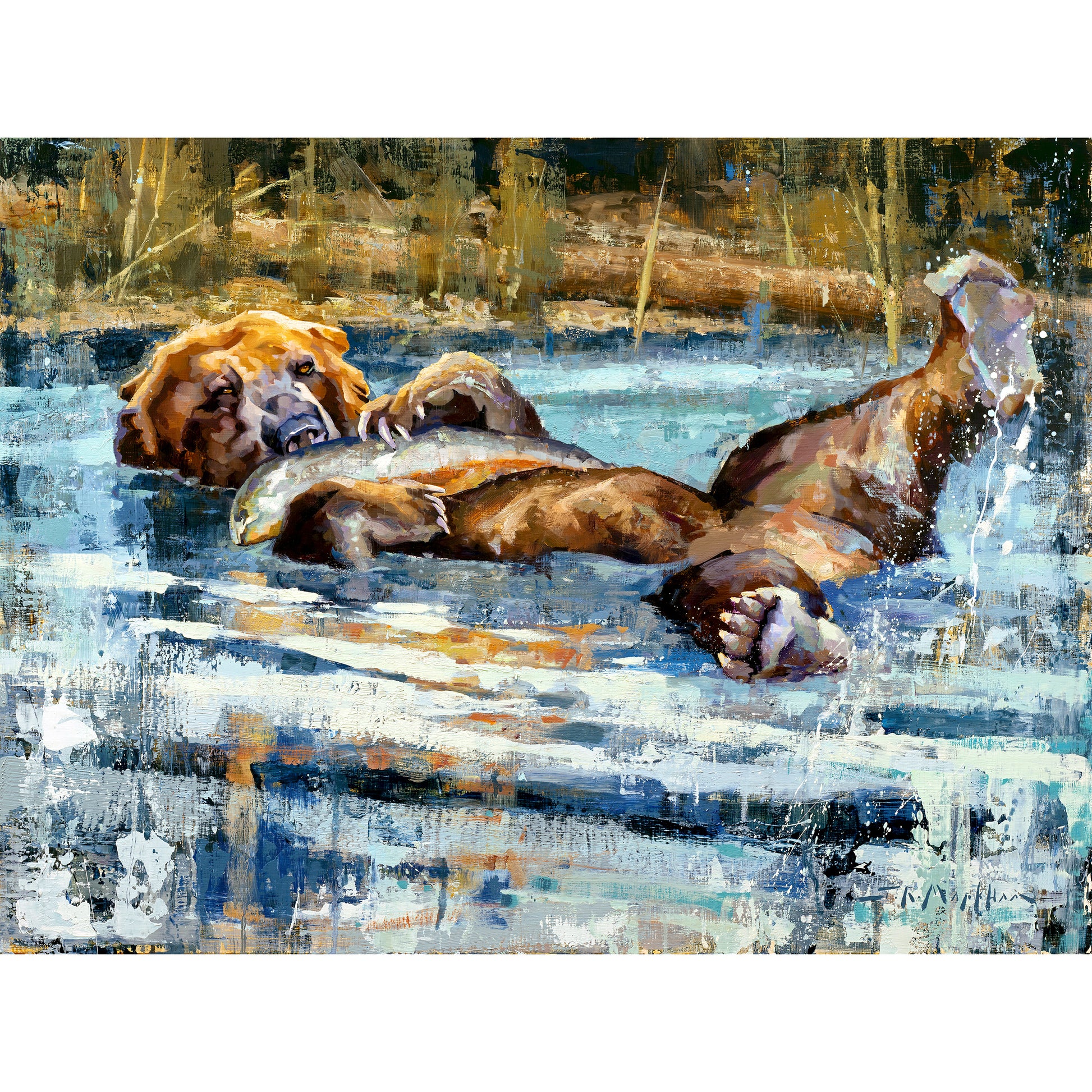 Wall art of a grizzly bear laying in water playing with a fish he caught. Limited edition canvas print from original oil painting by artist Jerry Markham available in multiple sizes.