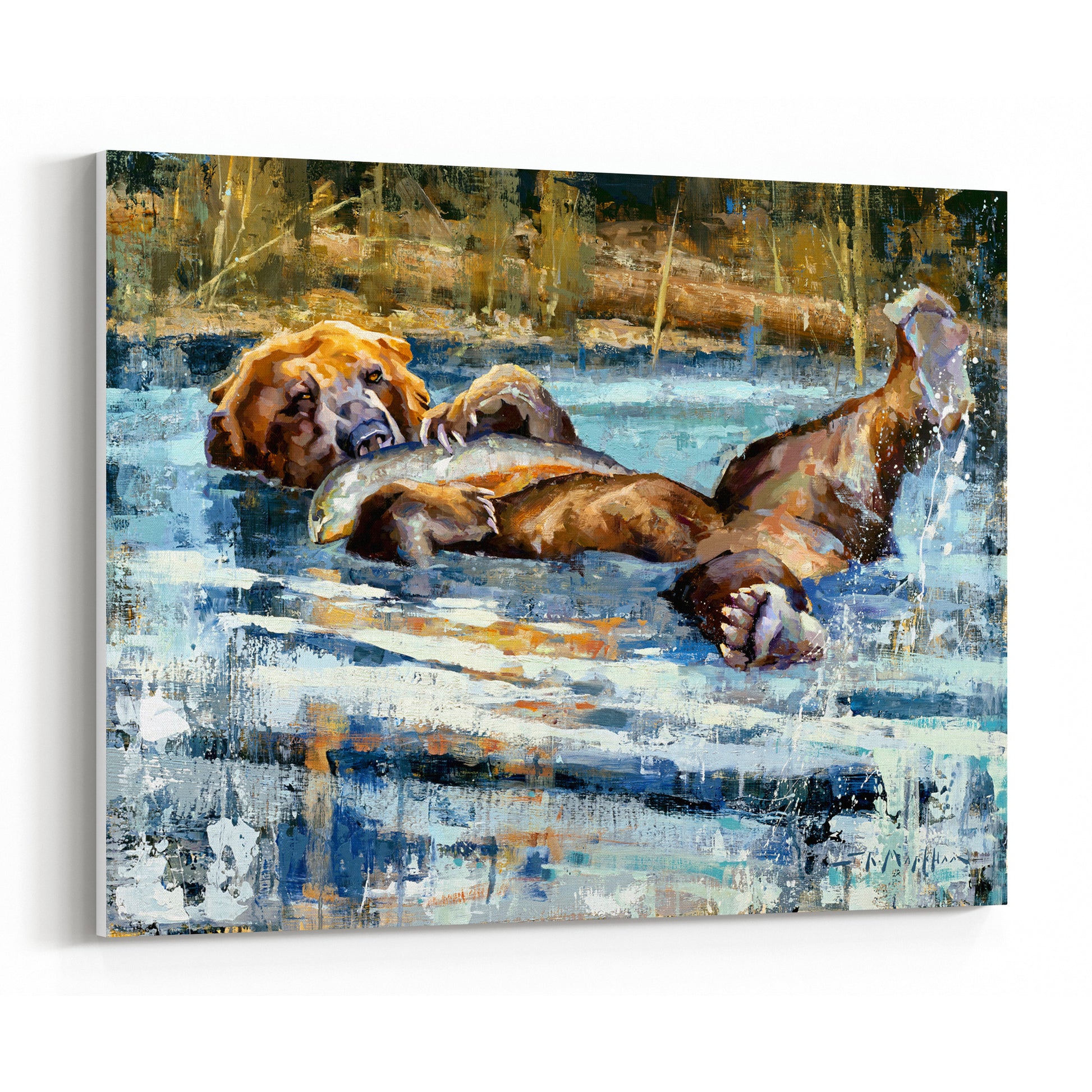 Artwork of a grizzly bear laying in water with a fish. Canvas print from original oil painting by artist Jerry Markham.