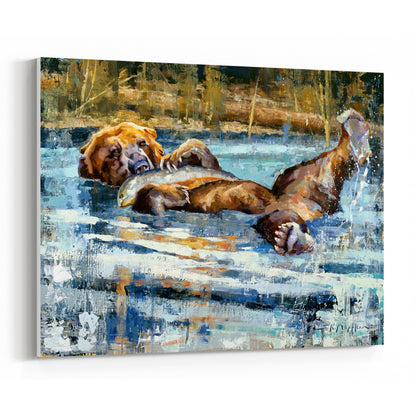 Artwork of a grizzly bear laying in water with a fish. Canvas print from original oil painting by artist Jerry Markham.