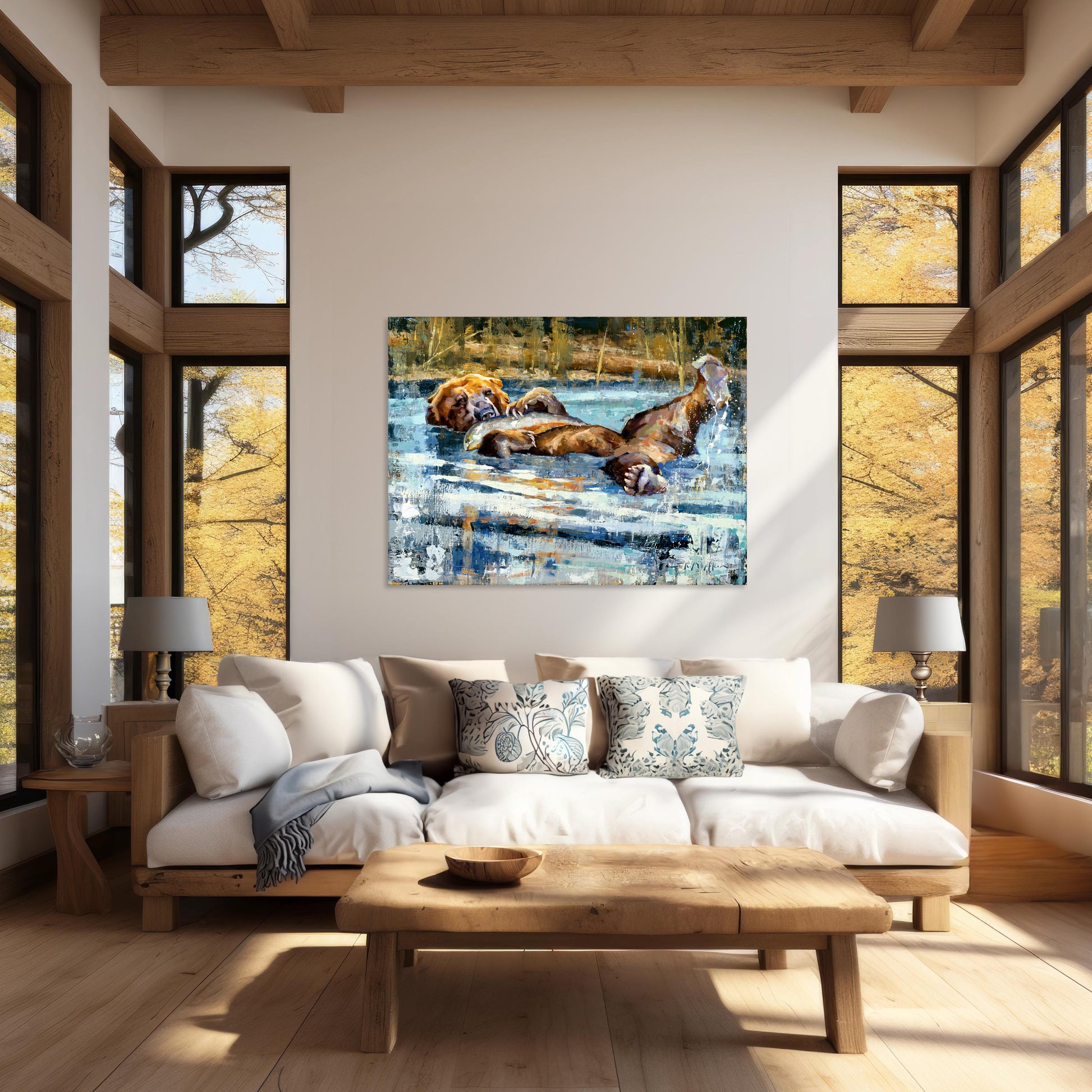 bear art canvas print shown in modern farmhouse living room decor