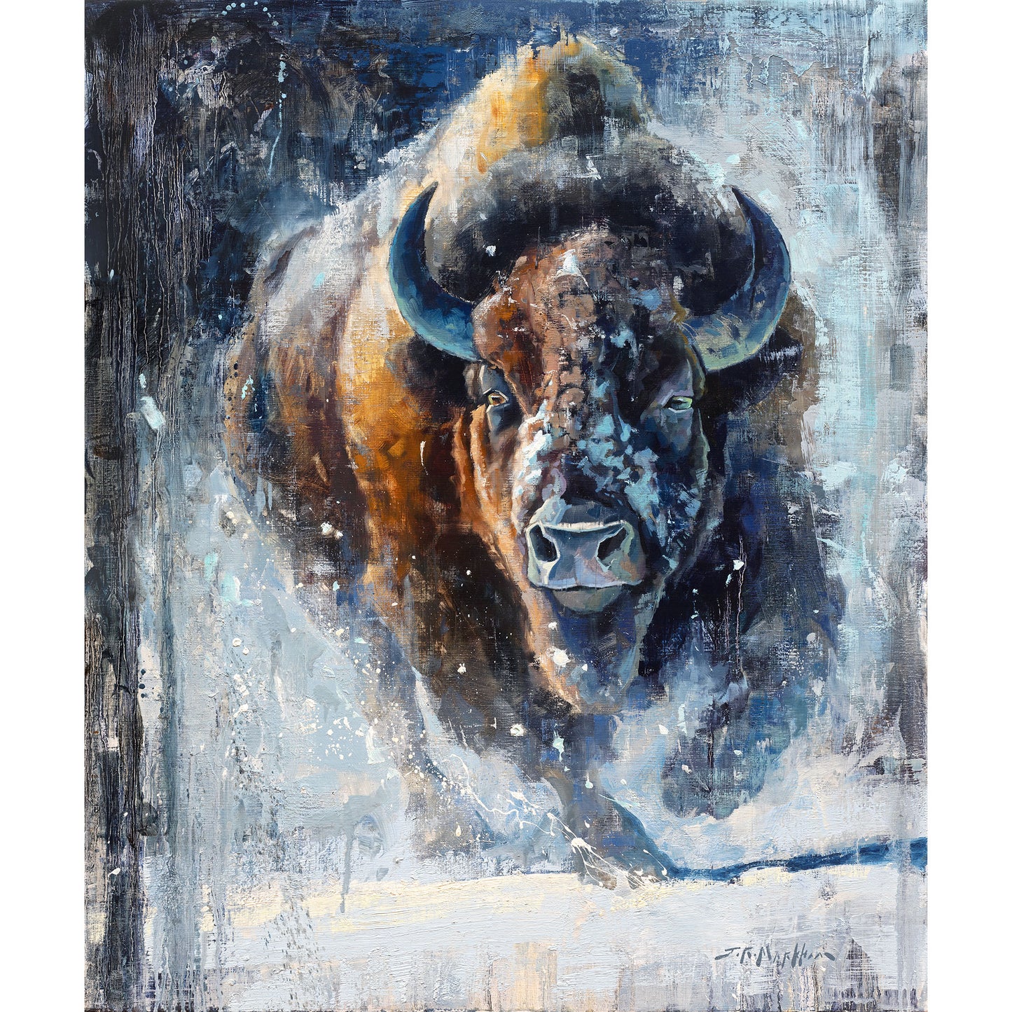 Buffalo art canvas print from original oil painting. Bison print in blue white brown colors of buffalo running through snow. Available in multiple sizes to fit any wall space in home or office.