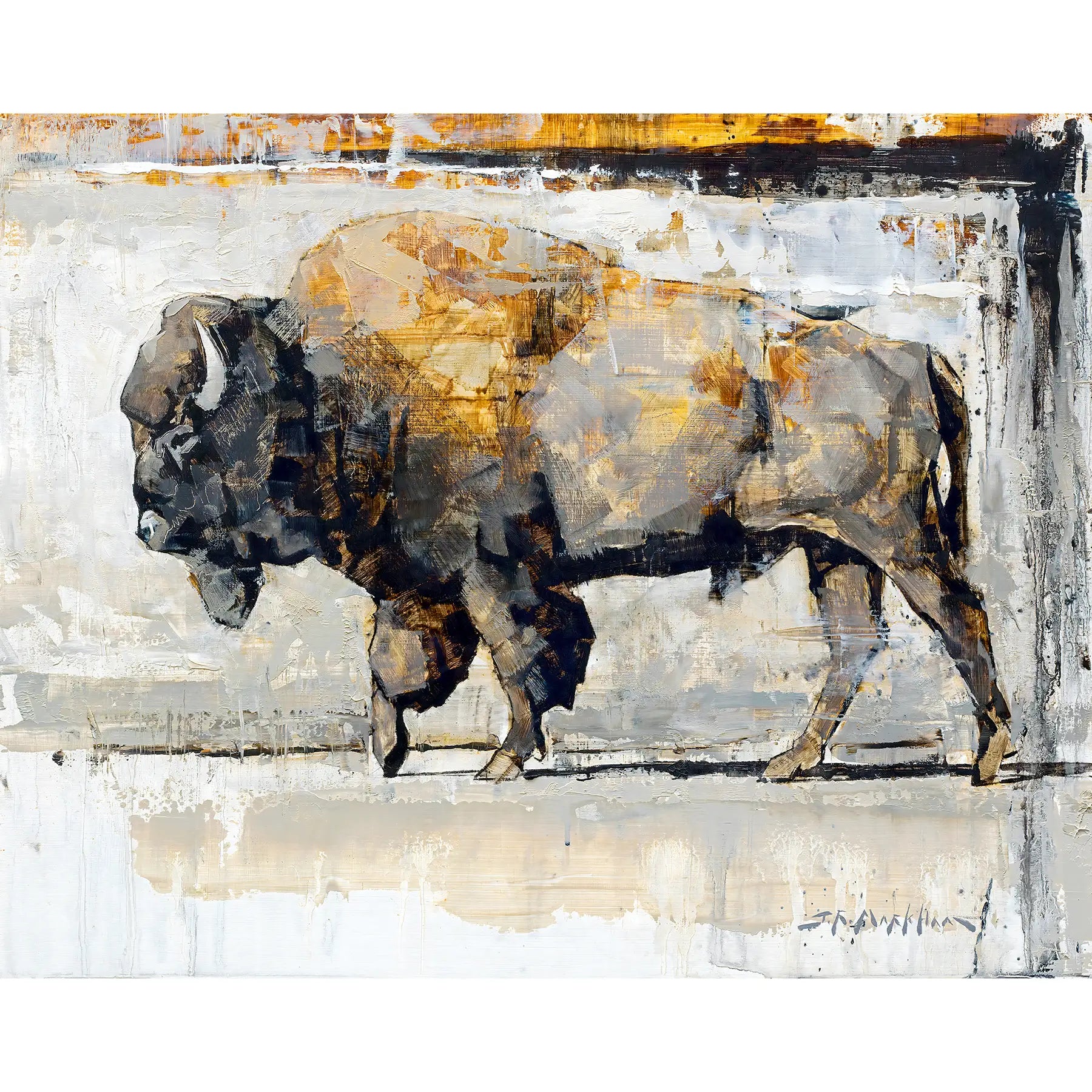 Canvas print of buffalo painting by artist Jerry Markham. Loose and impressionistic painting in brown and grey neutral tones of an American bison. This limited edition wildlife art available as a canvas print in multiple sizes. Modern wall art print for country mountain ranch or modern home decor.